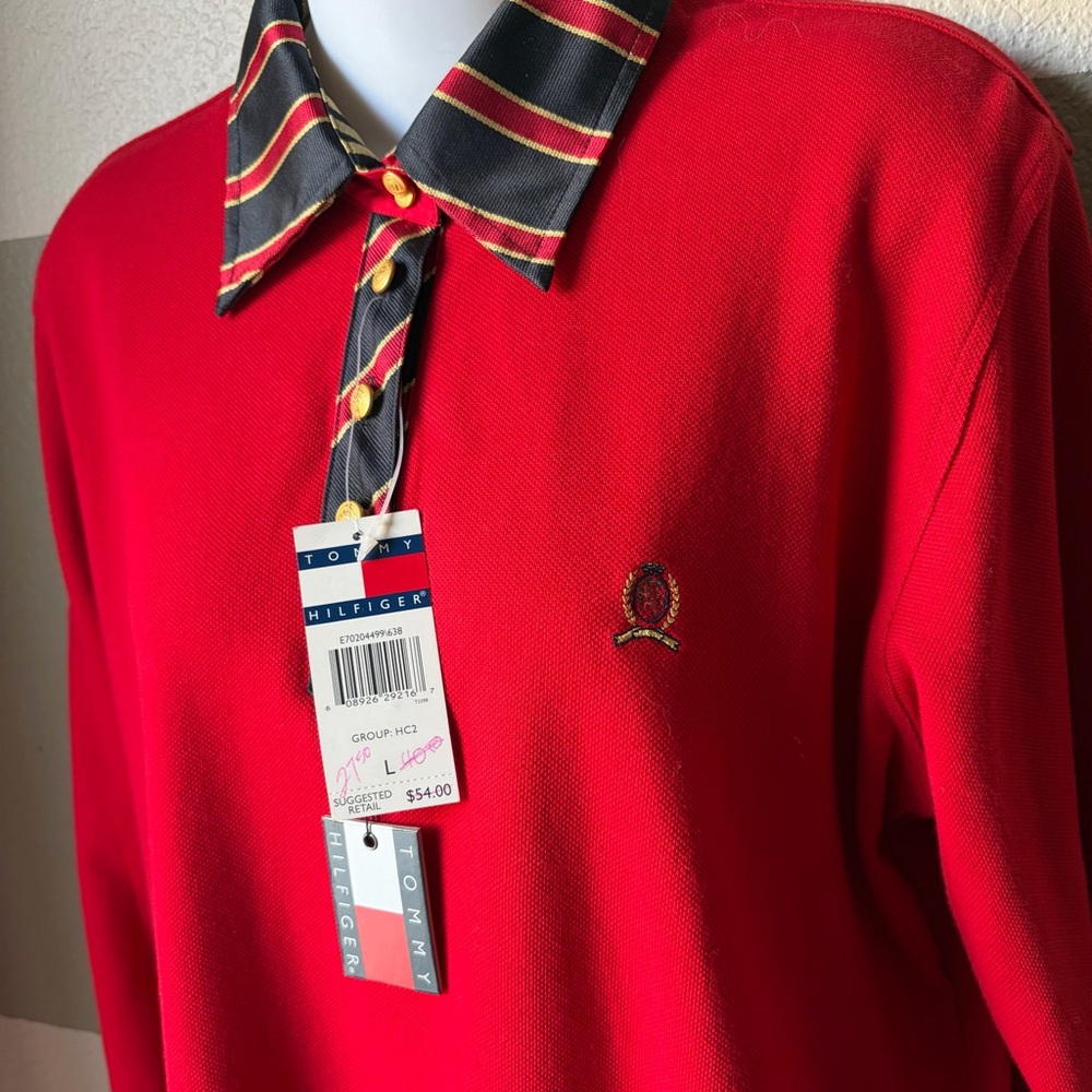 NWT Tommy Hilfiger Women’s Large Polo Shirt Red Striped Collar Long Sleeve Gold - Picture 2 of 6